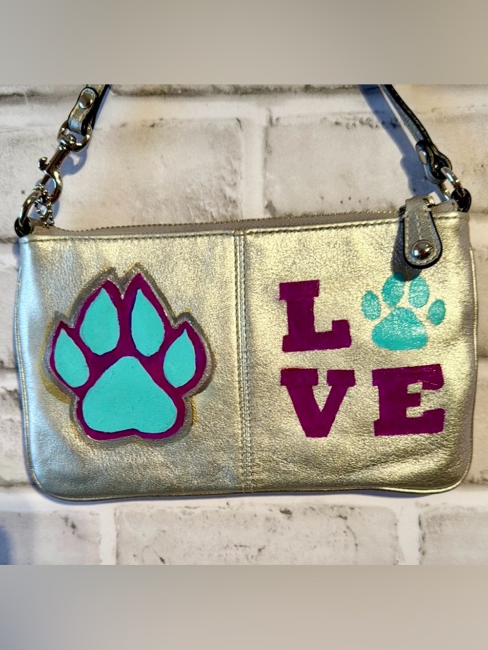 Coach Silver Wristlet Clutch Custom Hand Painted Paw Print LOVE Dog Lover Gift